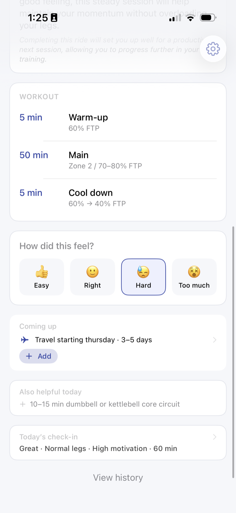 SmarterTraining today view showing workout feedback and upcoming travel that the plan adapts around