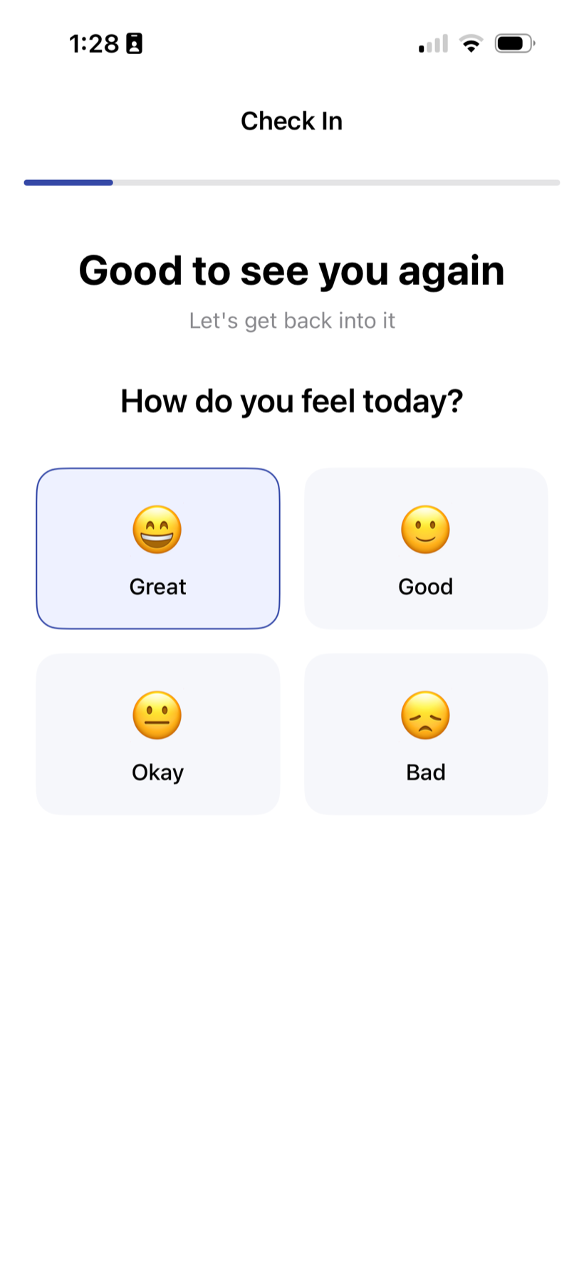 SmarterTraining check-in asking how you feel today, with Great, Good, Okay, and Bad options