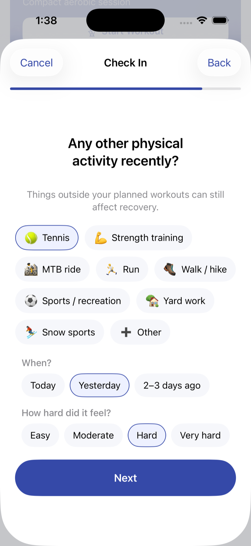 SmarterTraining asking how life outside training is going, with options like poor sleep, work stress, travel, and sore legs