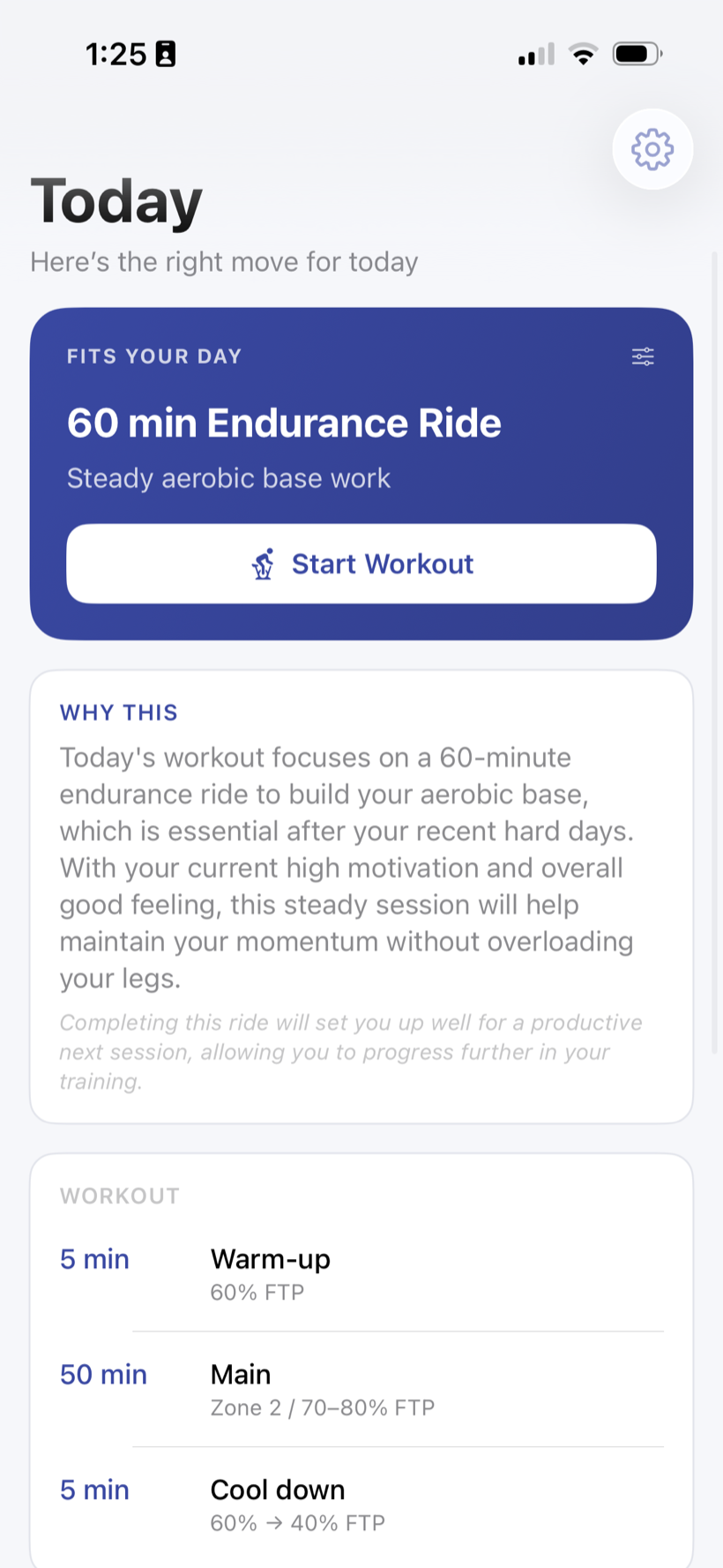 SmarterTraining app showing today's recommended workout — a 60-minute endurance ride that fits your day
