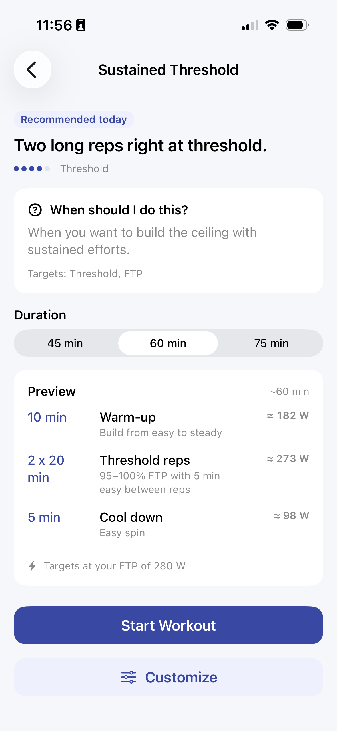 A SmarterTraining threshold workout with 45, 60, and 75 minute options, an interval preview with wattage targets, and a Customize button