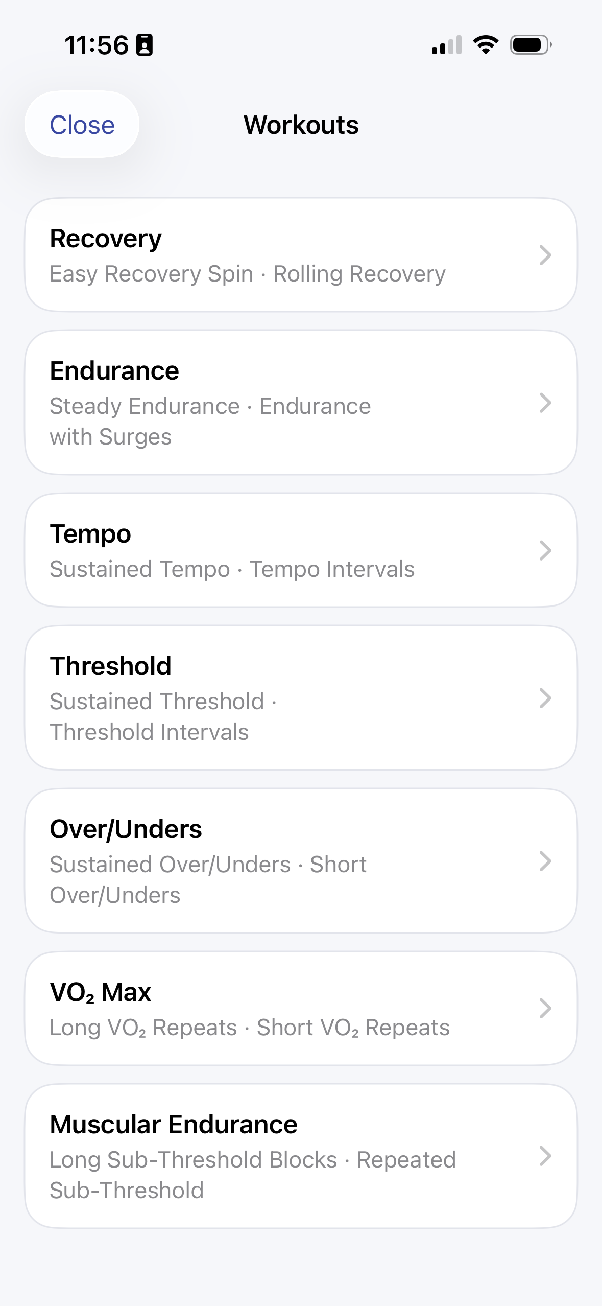 The SmarterTraining workout library listing Recovery, Endurance, Tempo, Threshold, Over/Unders, VO₂ Max, and Muscular Endurance